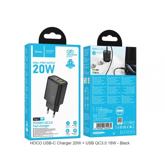 HOCO Адаптер "N61 Gentle" 20W + USB QC3.0 18W - Черен