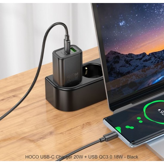 HOCO Адаптер "N61 Gentle" 20W + USB QC3.0 18W - Черен
