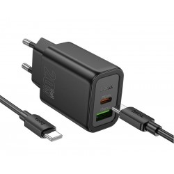 HOCO N61 20W + USB QC3.0 18W зарядно+ кабел Type-C към Type-C - Черен