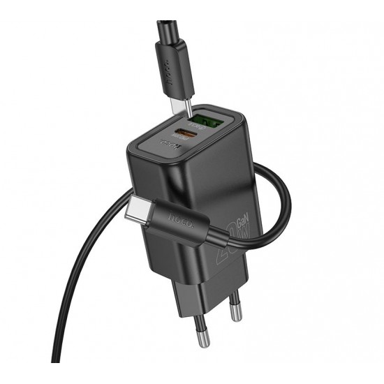 HOCO N61 20W + USB QC3.0 18W зарядно+ кабел Type-C към Type-C - Черен