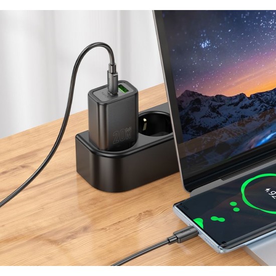 HOCO N61 20W + USB QC3.0 18W зарядно+ кабел Type-C към Type-C - Черен