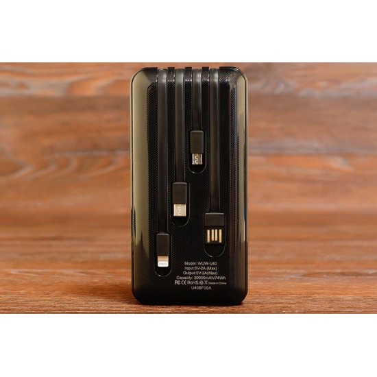 WUW U40 2A POWER BANK С ВГРАДЕНИ КАБЕЛИ - 20,000 mAh - Черен