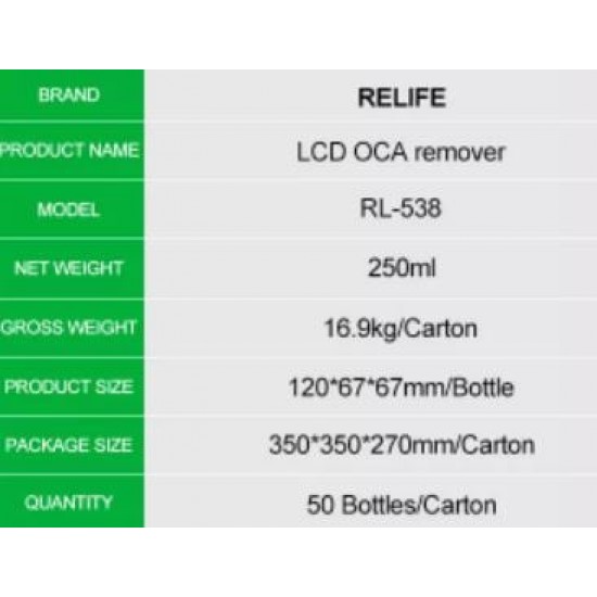 RELIFE RL-538 LCD OCA Ефективно средство за отстраняване на течности Високоефективно отстраняване на лепило