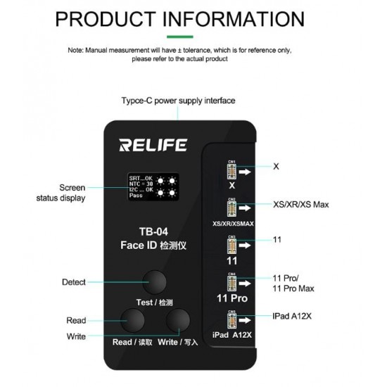 TB-04 Откриване/Четене/Записване Интегриран RELIFE 3 в 1 FACE ID детектор за iPhone X-11 Pro Max Dot Matrix Facial Repair Tool