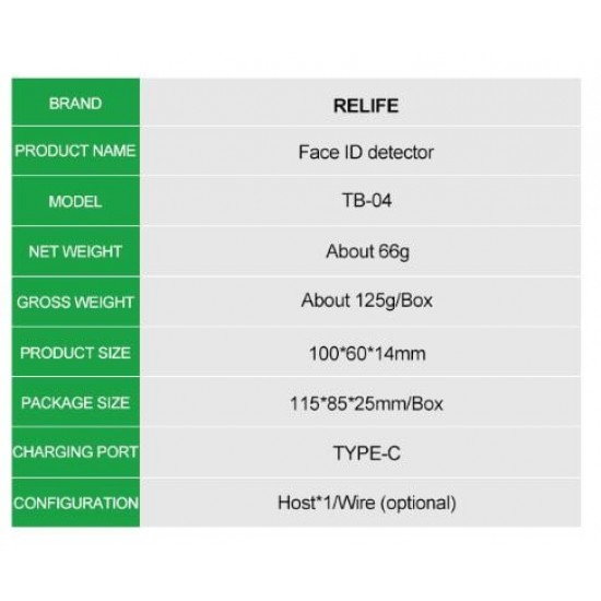 TB-04 Откриване/Четене/Записване Интегриран RELIFE 3 в 1 FACE ID детектор за iPhone X-11 Pro Max Dot Matrix Facial Repair Tool