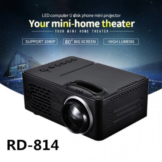 ARD814 Led преносим проектор, поддържа 1080P, 20-80 инча прожекционен екран, може да чете U диск, мобилен твърд диск, Tf карта, AV и DVD, Set-Top Box, перфектна система за домашно кино, черен