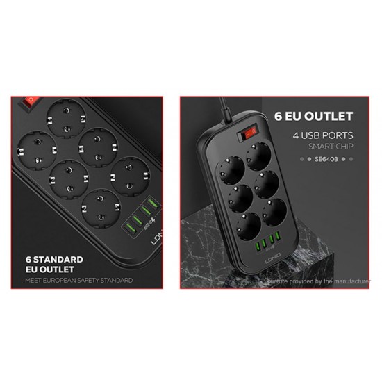 LDNIO SE6403 2500W 4USB зарядно устройство за телефон 6 EU Outlet Power Strip За универсален мобилен телефон