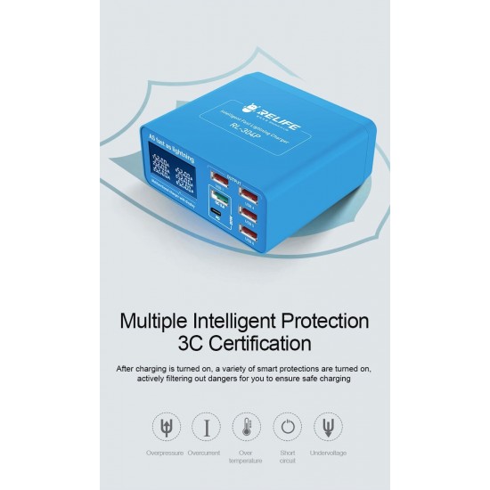 RELIFE PD 3.0 RL-304P БЪРЗО ЗАРЯДНО УСТРОЙСТВО SMART 6-ПОРТОВО ЦИФРОВО ДИСПЛЕЙ ЗА МЪЛНЕНИЕ