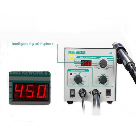 QUICK 706W+ Цифров дисплей Пистолет за горещ въздух + Поялник Антистатична температура Безоловна станция за преработка 2 в 1 с 3 дюзи