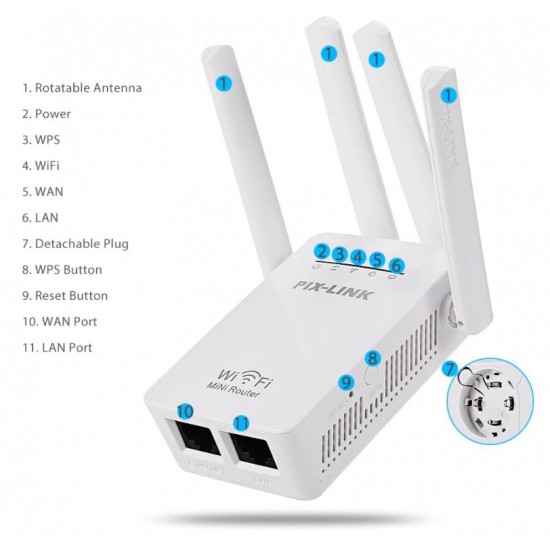 WR09 Безжичен WiFi мрежов WR09 повторител и усилвател PIX-LINK 300Mbps