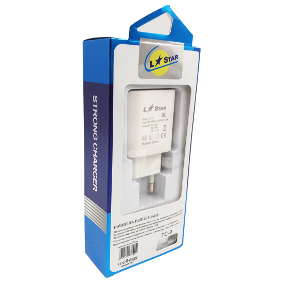 220V TC-9 L✮Star 2в1 3.0A Lightning за телефон Бързо зареждащ - Бял
