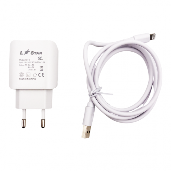 220V TC-9 L✮Star 2в1 3.0A Lightning за телефон Бързо зареждащ - Бял