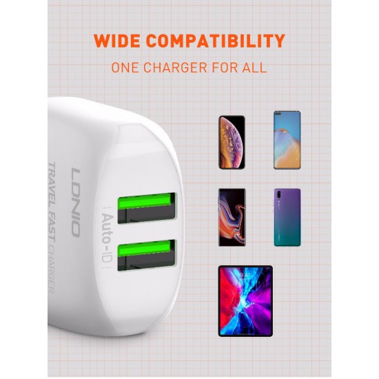 Зарядно устройство LDNIO A2219 2.4A 2 port - USB към Lightning