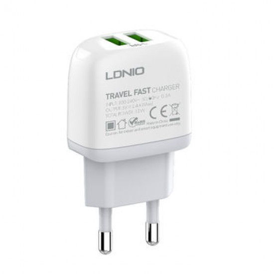 Зарядно устройство LDNIO A2219 2.4A 2 port - USB към Lightning