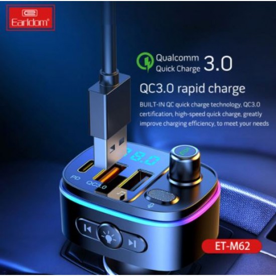 EARLDOM Трансмитер с BT ET- M62 2изх.QC3.0+ 1изх.PD USB-C с амбиентно осветление