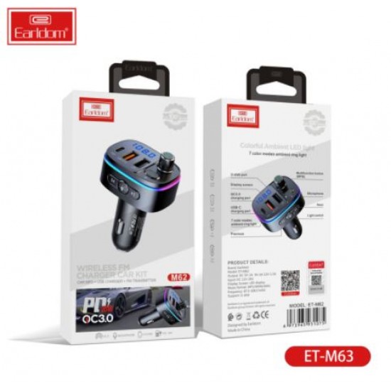 EARLDOM Трансмитер с BT ET- M62 2изх.QC3.0+ 1изх.PD USB-C с амбиентно осветление