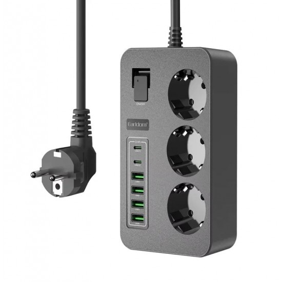 Разклонител Earldom ES-SC14 – 3 контакта, 4×USB-A, 2×USB-C, 3000W, 16A, кабел 2 м
