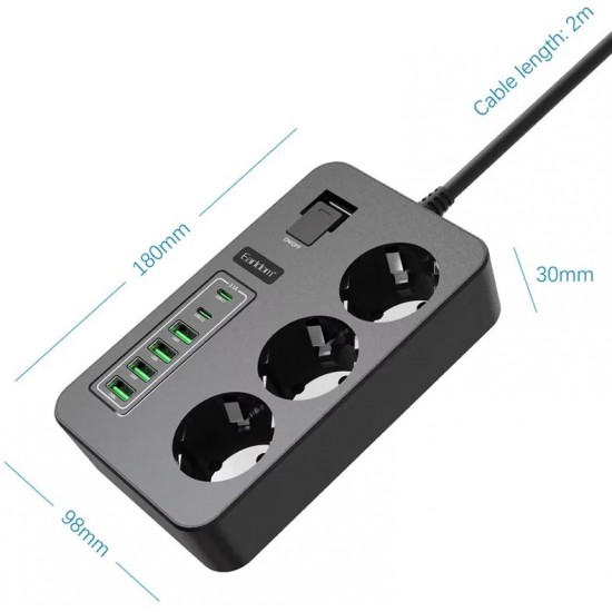 Разклонител Earldom ES-SC14 – 3 контакта, 4×USB-A, 2×USB-C, 3000W, 16A, кабел 2 м