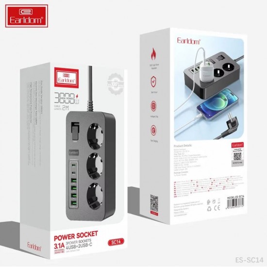 Разклонител Earldom ES-SC14 – 3 контакта, 4×USB-A, 2×USB-C, 3000W, 16A, кабел 2 м