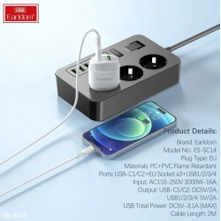 Разклонител Earldom ES-SC14 – 3 контакта, 4×USB-A, 2×USB-C, 3000W, 16A, кабел 2 м