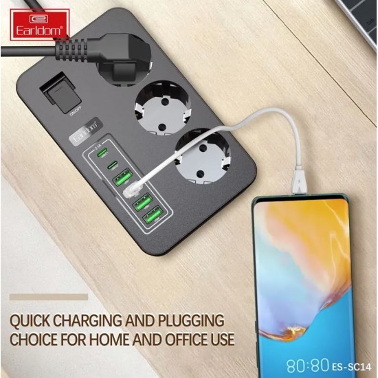 Разклонител Earldom ES-SC14 – 3 контакта, 4×USB-A, 2×USB-C, 3000W, 16A, кабел 2 м