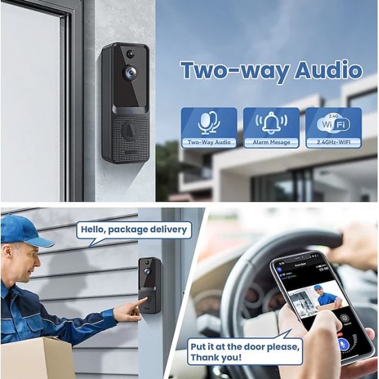 T6 WiFi интелигентен видео звънец с двупосочно аудио, детекция на движение, нощно виждане, приложение за телефон, лесна настройка,1080P