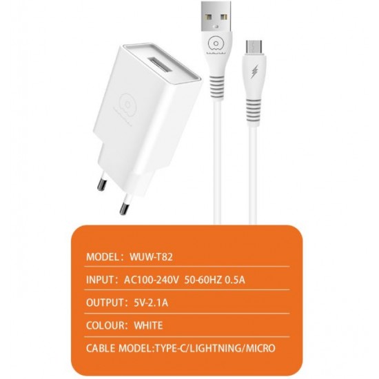 WUW T82 2.1A Зарядно с кабел USB към Lightning 1M