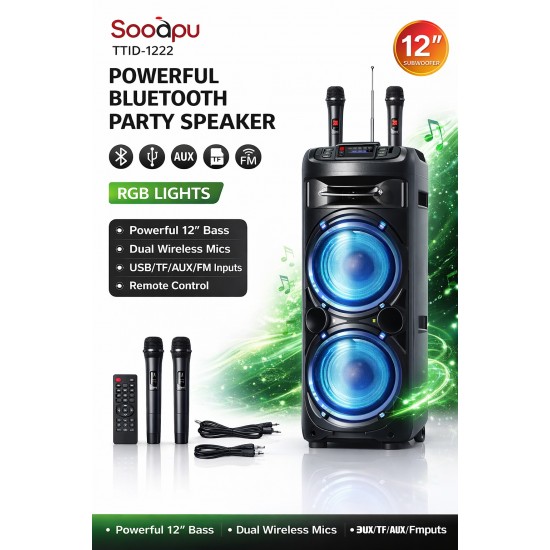 TTD-1222 12" 1000W Безжична колона говорител субуфер+ 2 безжични микрофони