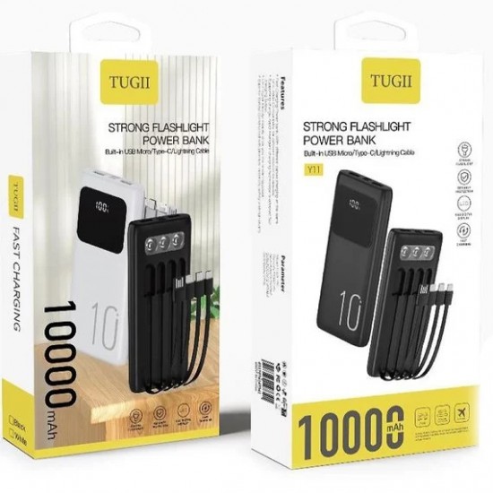 TUGII Y11 Power Bank 10,000mAh със силен LED фенер и вградени кабели