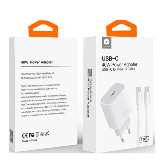 WUW T108 Зарядно USB-C PD 40W зарядно устройство с USB-C към USB-C кабел