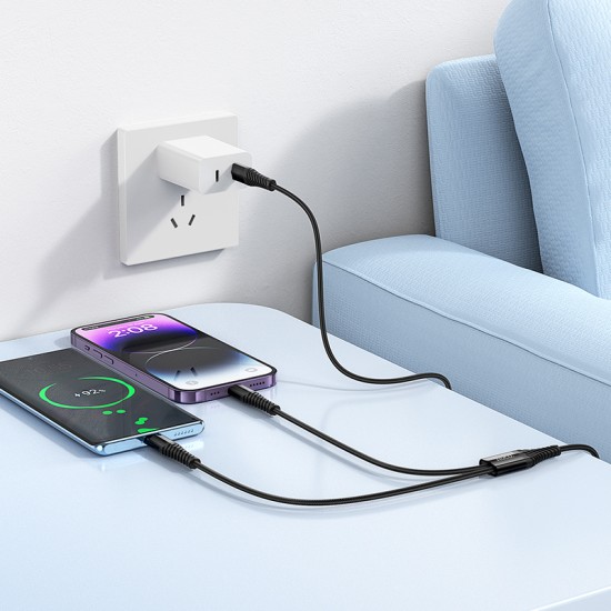 HOCO X123 Victory 2 в 1 кабел USB-C към Lightning + USB-C, 3A, 1 м – Черен