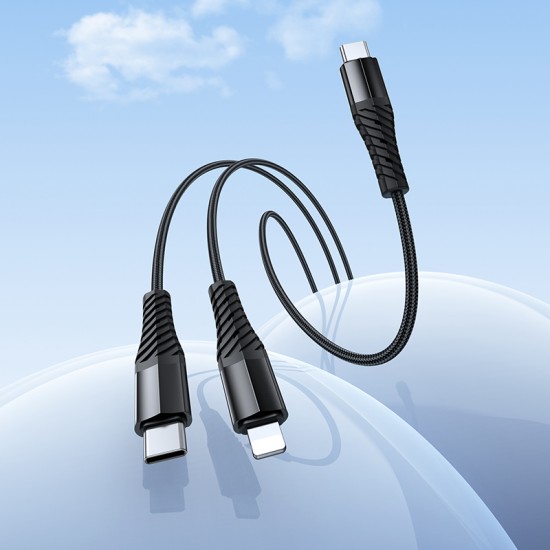 HOCO X123 Victory 2 в 1 кабел USB-C към Lightning + USB-C, 3A, 1 м – Черен