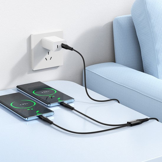 HOCO X123 Victory 2 в 1 кабел USB-C към 2x USB-C, 3A, 1 м – Черен