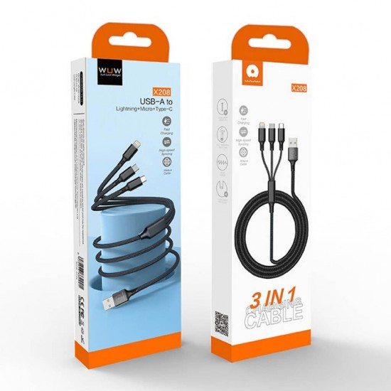 WUW X208 Кабел 3 в 1 – USB към Type-C / Lightning / Micro USB, 2.4A, 1.2м