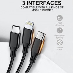 WUW X208 Кабел 3 в 1 – USB към Type-C / Lightning / Micro USB, 2.4A, 1.2м
