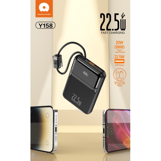 WUW Y158 Power Bank 10,000mAh 22.5W с вградени Type-C и Lightning кабели