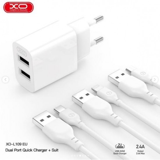 XO Зарядно устройство XO Wall charger L109 2x USB-A, cable USB Type-C, 2.4A (white