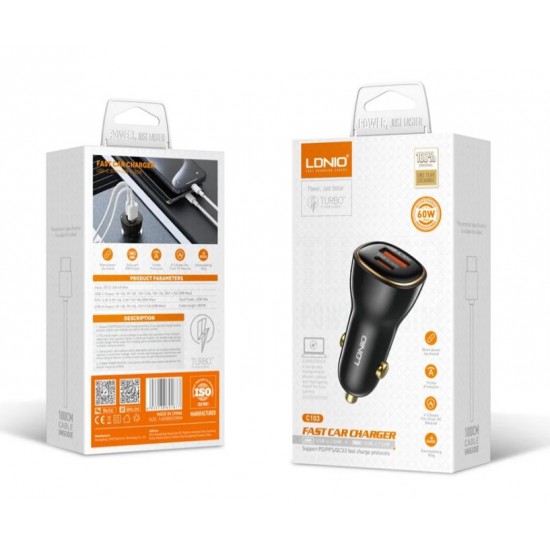 LDNIO 12V C103 60W 2изх. 1xPD30W1xUSB-A30W с кабел USB към USB-C