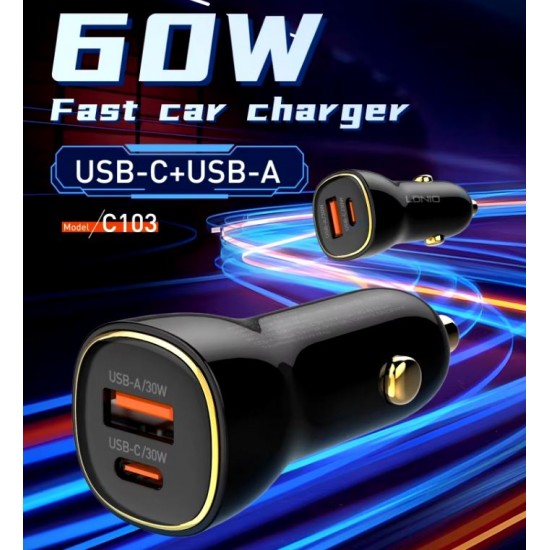 LDNIO 12V C103 60W 2изх. 1xPD30W1xUSB-A30W с кабел USB към USB-C
