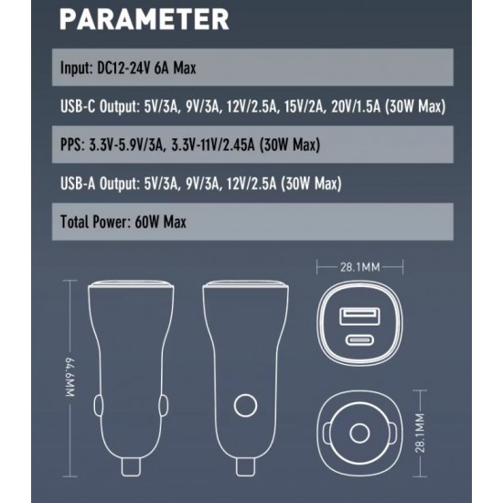 LDNIO 12V C103 60W 2изх. 1xPD30W1xUSB-A30W с кабел USB към USB-C